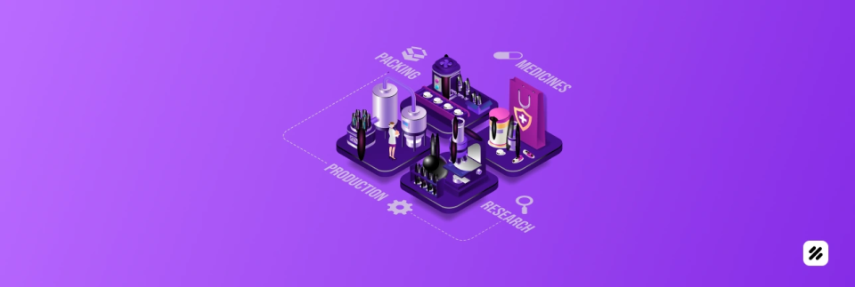 Isometric illustration of AI field force automation for FMCG and pharma production