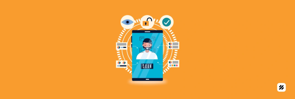 Illustration of a smartphone scanning a worker’s face with security icons, representing a time clock app with GPS and facial recognition by MFH