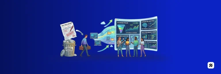 Illustration showing sales force management software replacing manual daily sales reports with automated dashboards and real-time sales tracking tools.