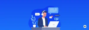 Illustration of a customer support and sales executive using digital sales force management and communication tools for real-time team visibility