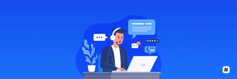 Illustration of a customer support and sales executive using digital sales force management and communication tools for real-time team visibility